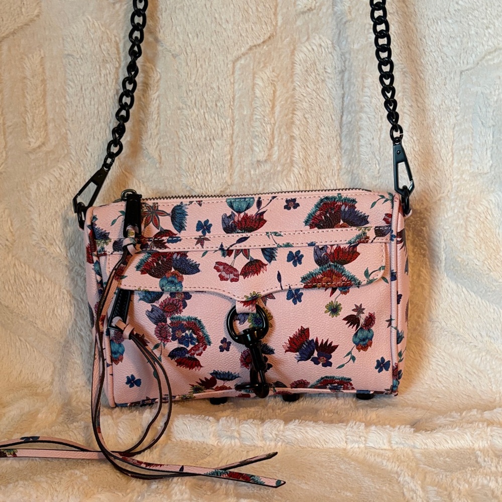 NWOT Floral Pink Crossbody Bag with Black Chain Strap